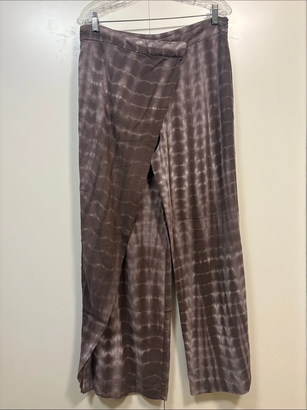 Zara Taupe Tie-Dye Wrap Wide-Leg Linen Blend Pants L